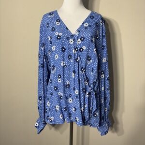 Talbots Wrap Blouse Top Womens XL Blue Floral Polka Dot Side Tie V-Neck Feminine